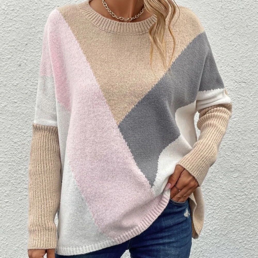 Cozy Color block Oversized Knit Sweater Top - Picture 2 of 4